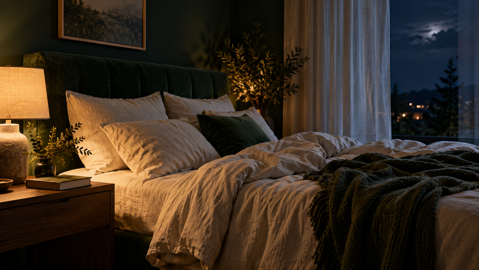 Cream bedding and a forest-green headboard lit by a warm bedside lamp, with nighttime visible through the window.